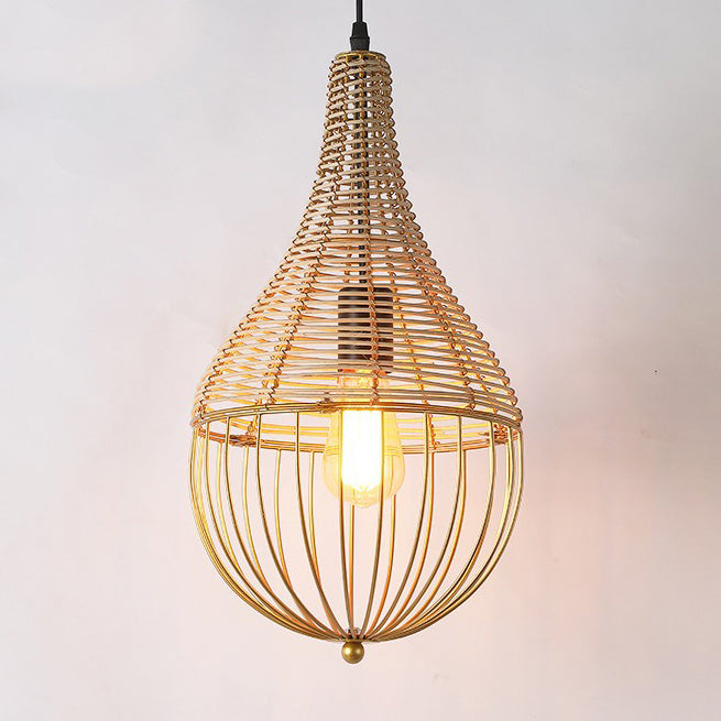 Modern Minimalist Metal Rattan Droplet Shape 1-Light Pendant Light For Dining Room