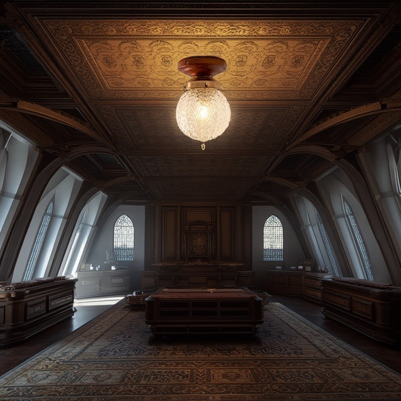 Traditional Vintage Orbicular Ash Wood Glass Metal 1-Light Semi-Flush Mount Ceiling Light For Entryway