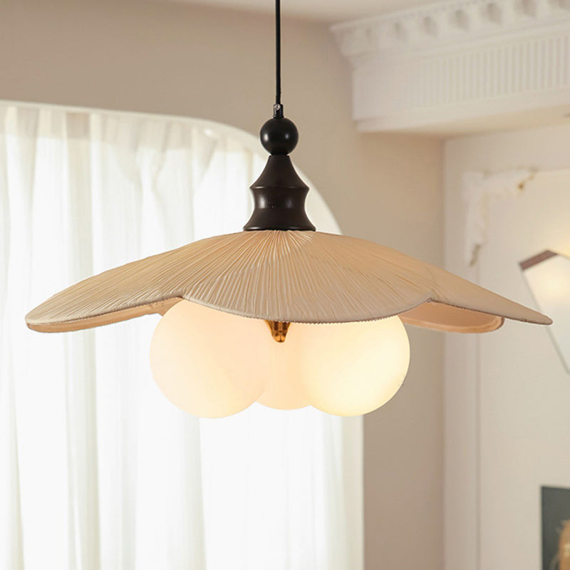 Traditional Vintage Bean Metal Ash Wood Glass Fabric 3-Light Chandelier For Dining Room