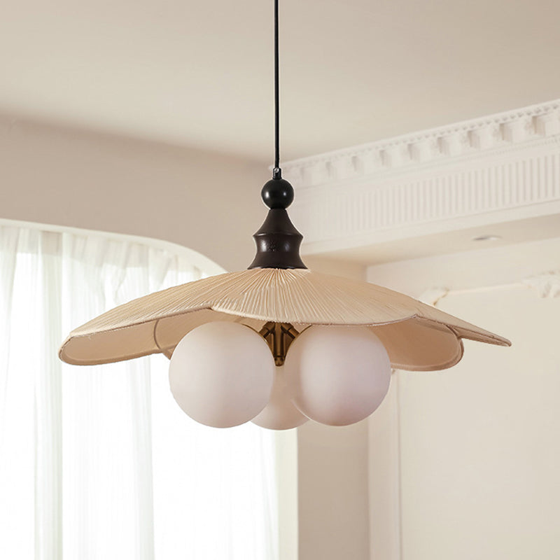 Traditional Vintage Bean Metal Ash Wood Glass Fabric 3-Light Chandelier For Dining Room