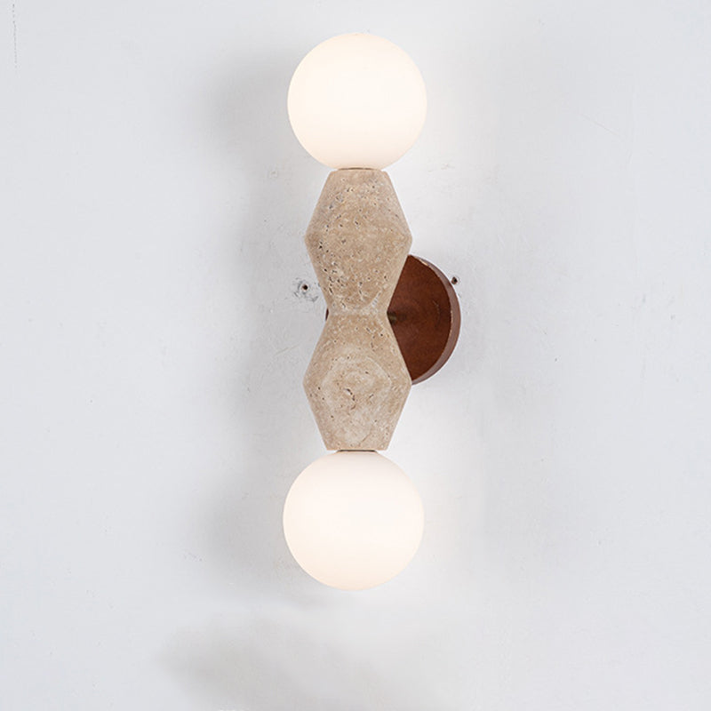Traditional Japanese Geometric Solid Wood Yellow Travertine 2-Light Wall Sconce Lamp For Living Room