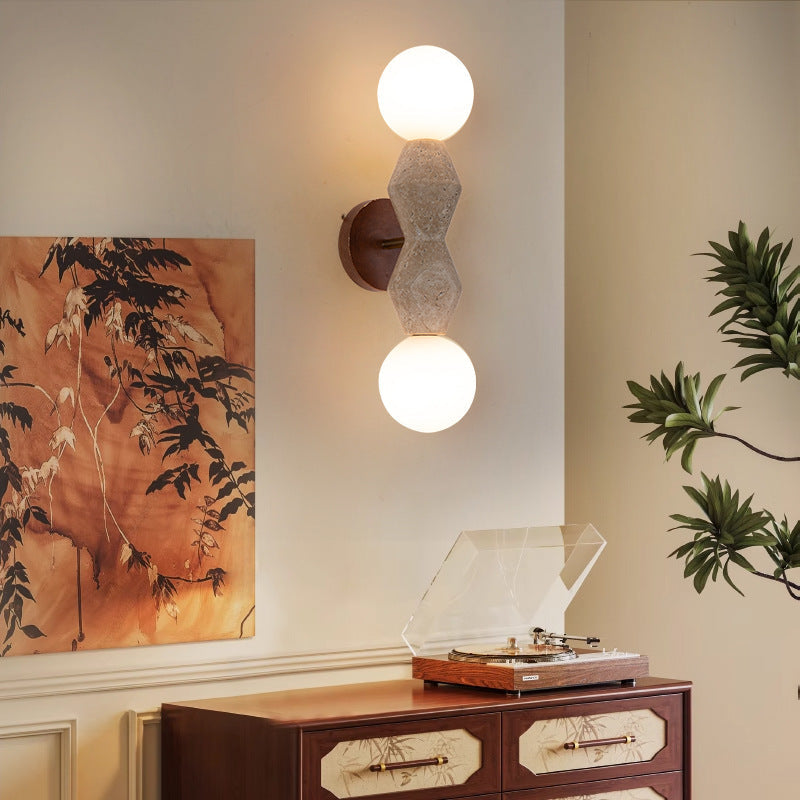 Traditional Japanese Geometric Solid Wood Yellow Travertine 2-Light Wall Sconce Lamp For Living Room