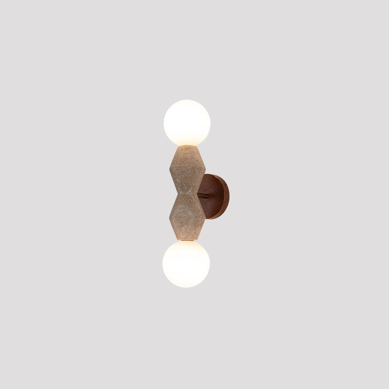 Traditional Japanese Geometric Solid Wood Yellow Travertine 2-Light Wall Sconce Lamp For Living Room