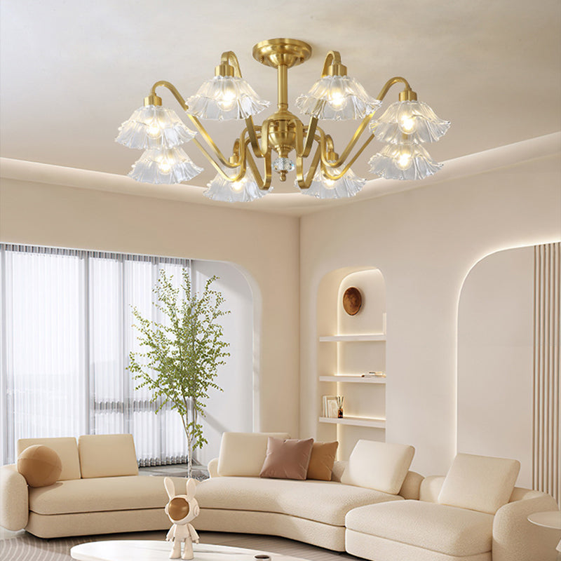 Contemporary Luxury Flower Brass Crystal Glass 3/5/6/8/10/15-Light Chandelier For Living Room