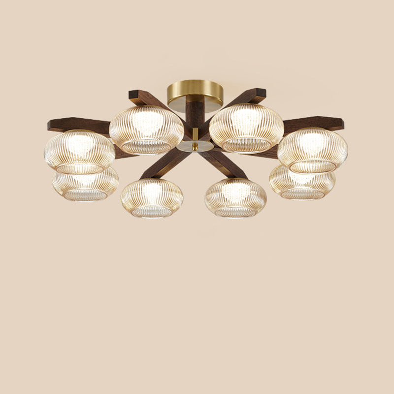 Traditional Vintage Bowl Walnut Wood Copper Glass LED Semi-Flush Mount Light For Living Room