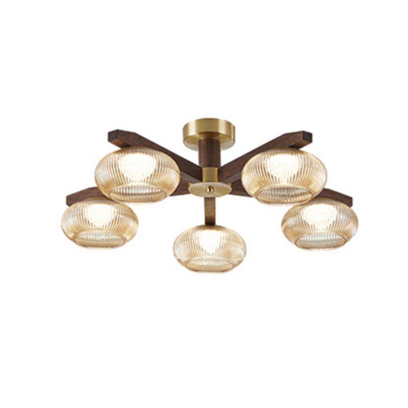 Traditional Vintage Bowl Walnut Wood Copper Glass LED Semi-Flush Mount Light For Living Room