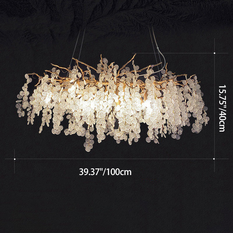 Contemporary Luxury Round Leaves Branches Aluminum Crystal 9/10/12/14-Light Chandelier For Living Room