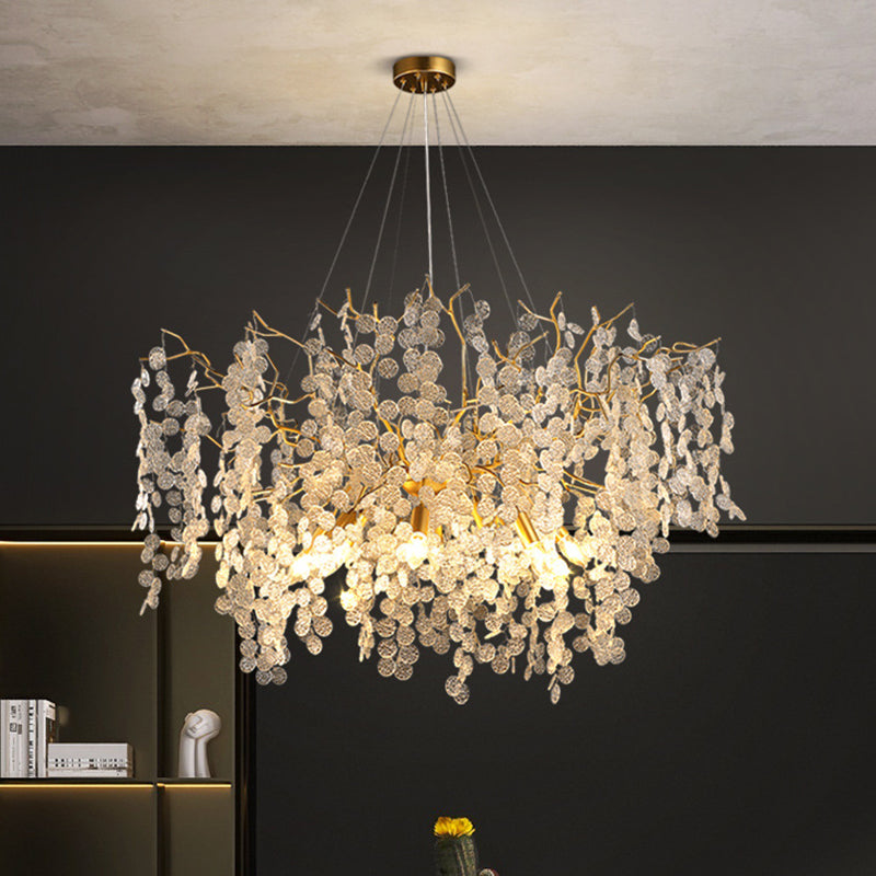Contemporary Luxury Round Leaves Branches Aluminum Crystal 9/10/12/14-Light Chandelier For Living Room