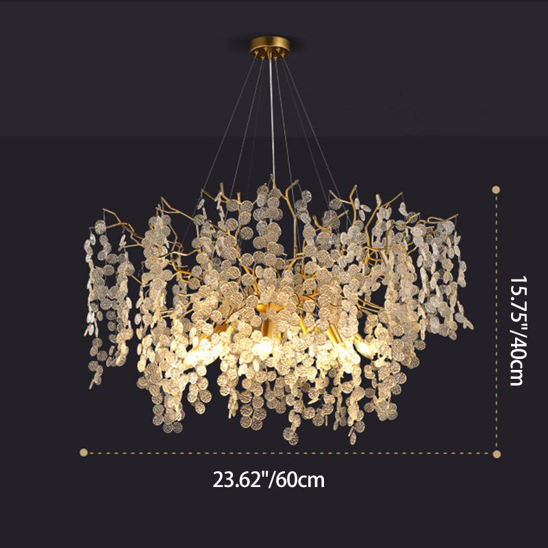 Contemporary Luxury Round Leaves Branches Aluminum Crystal 9/10/12/14-Light Chandelier For Living Room