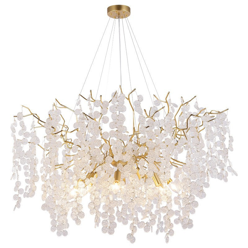 Contemporary Luxury Round Leaves Branches Aluminum Crystal 9/10/12/14-Light Chandelier For Living Room