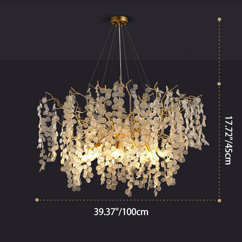 ثريا معاصرة فاخرة من الألومنيوم الكريستالي بأوراق دائرية وأغصان وأوراق شجر مستديرة، 9/10/12/14 ضوءًا لغرفة المعيشة