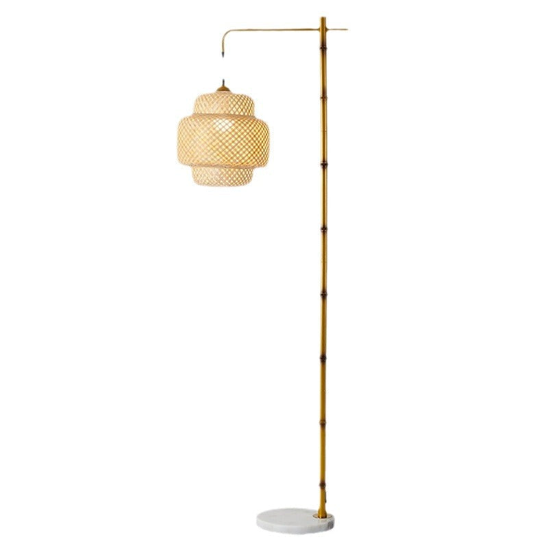 Traditional Rustic Lantern Metal Marble Bamboo Weaving 1-Light Standing Floor Lamp For Bedroom