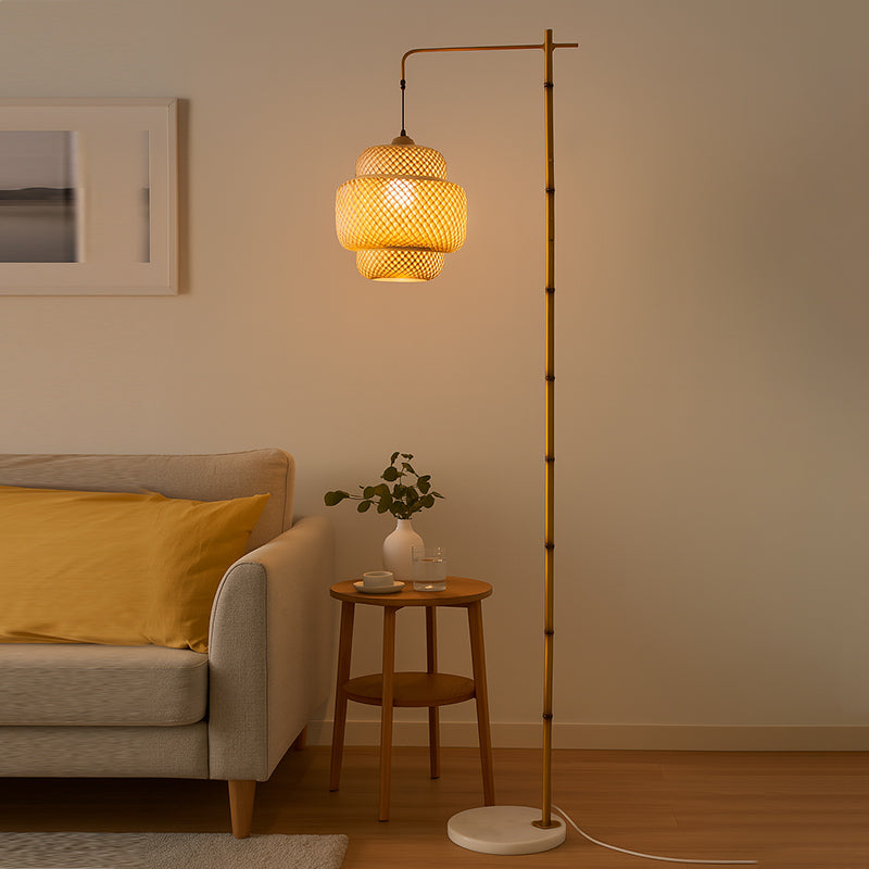 Traditional Rustic Lantern Metal Marble Bamboo Weaving 1-Light Standing Floor Lamp For Bedroom