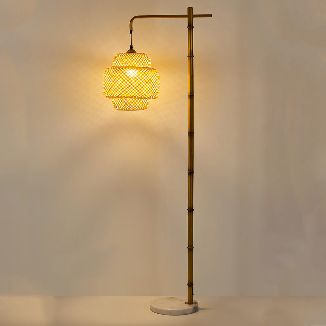 Traditional Rustic Lantern Metal Marble Bamboo Weaving 1-Light Standing Floor Lamp For Bedroom