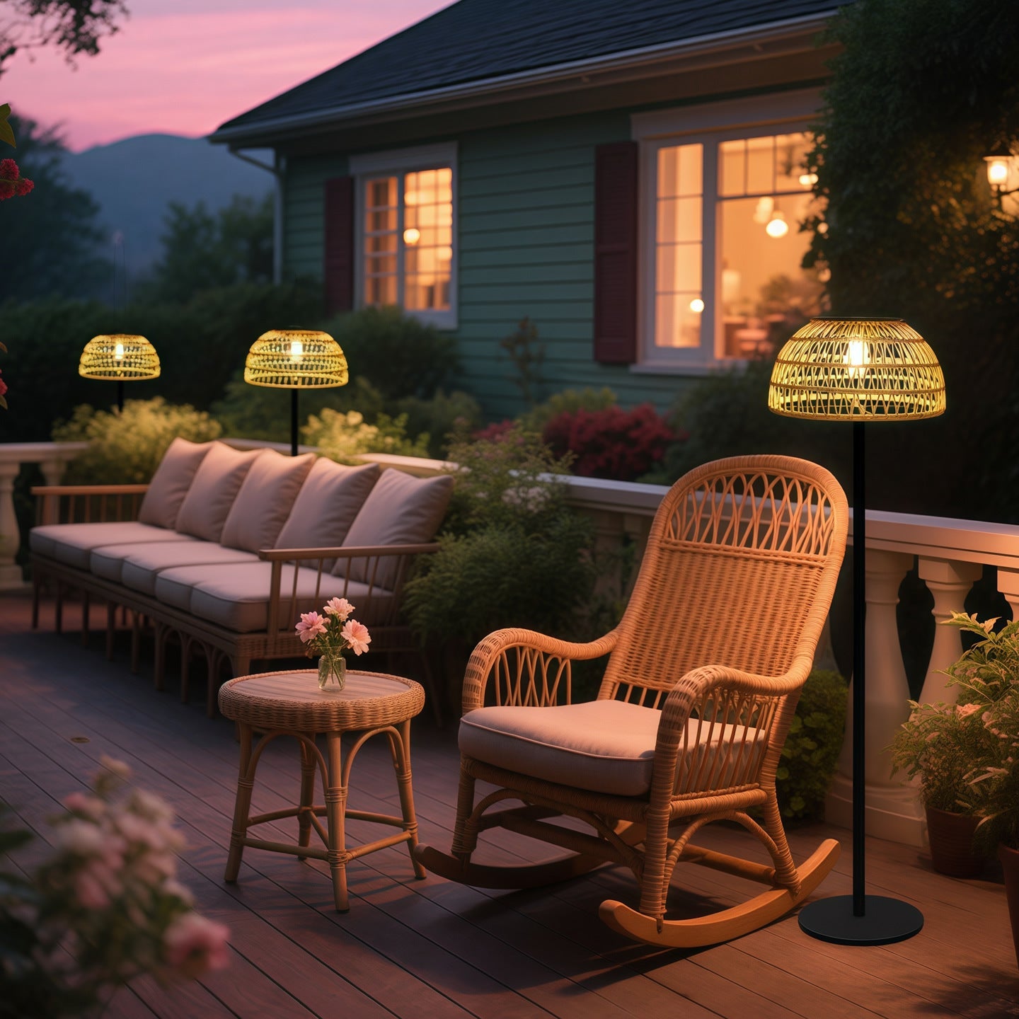 Traditional Rustic Waterproof Solar Mushroom Iron Rubber Rattan Weaving USB Outdoor LED Standing Floor Lamp For Garden