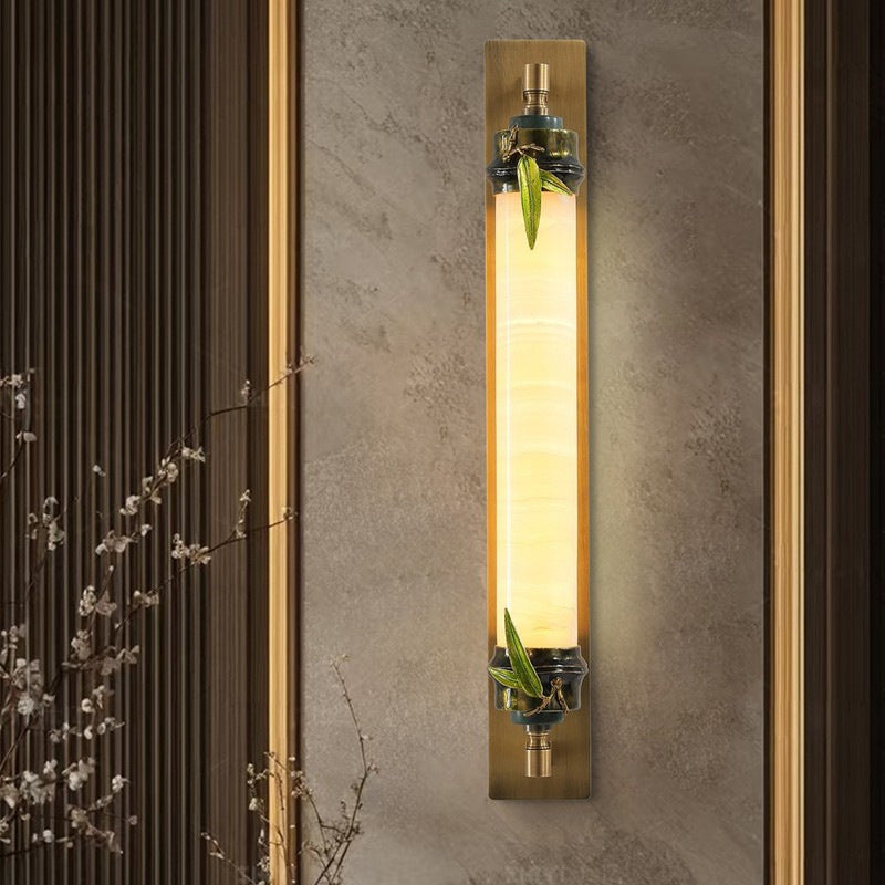 Traditional Chinese Cylindrical Brass Jade LED Wall Sconce Lamp For Entryway