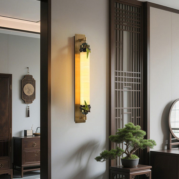 Traditional Chinese Cylindrical Brass Jade LED Wall Sconce Lamp For Entryway