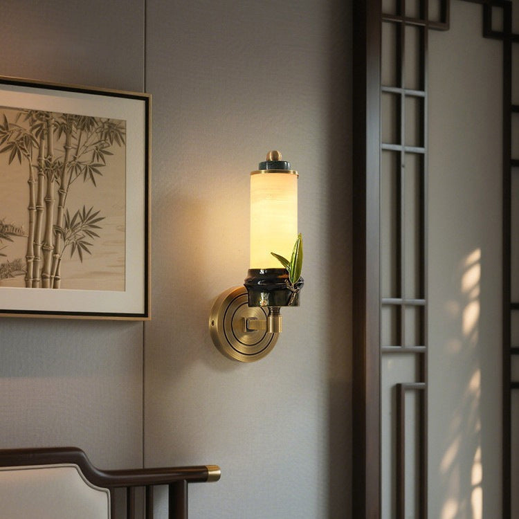 Traditional Chinese Cylindrical Brass Jade LED Wall Sconce Lamp For Entryway