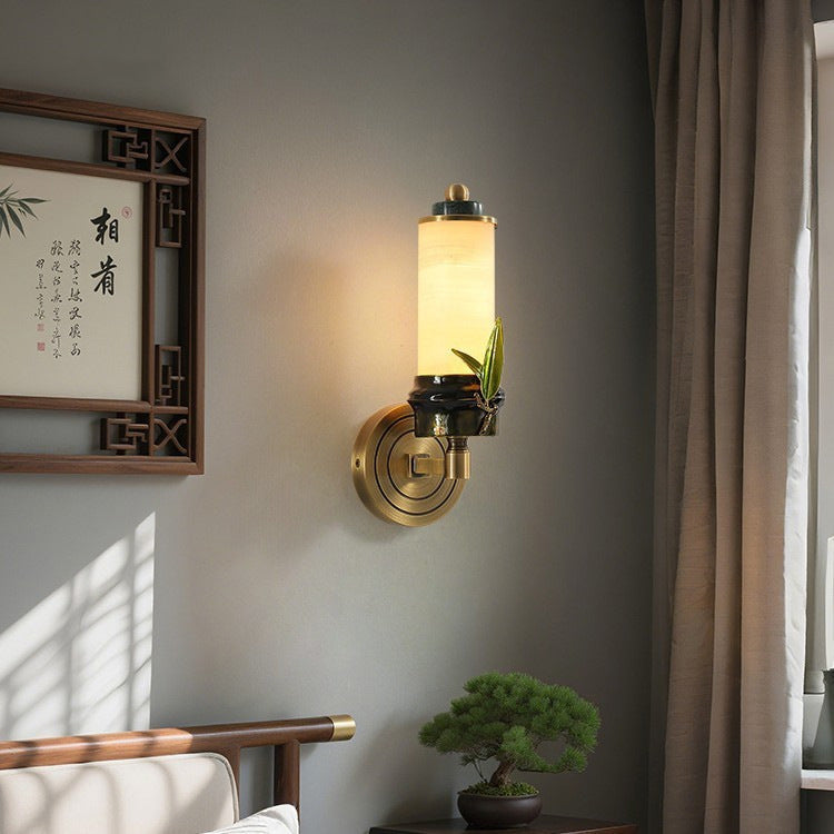 Traditional Chinese Cylindrical Brass Jade LED Wall Sconce Lamp For Entryway