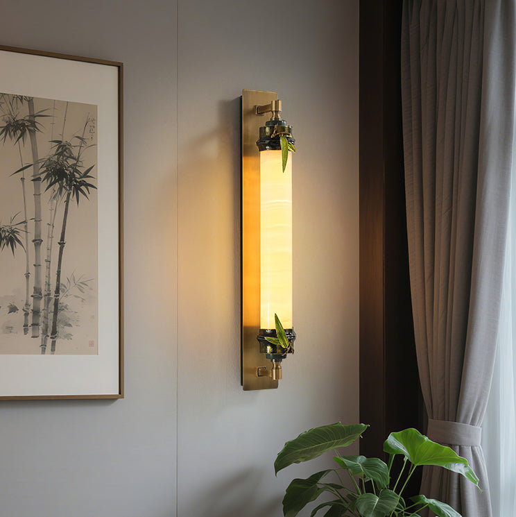 Traditional Chinese Cylindrical Brass Jade LED Wall Sconce Lamp For Entryway