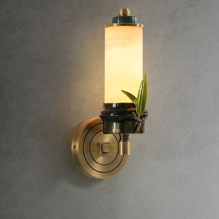 Traditional Chinese Cylindrical Brass Jade LED Wall Sconce Lamp For Entryway