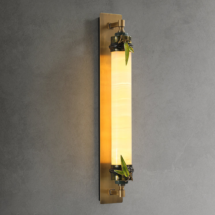 Traditional Chinese Cylindrical Brass Jade LED Wall Sconce Lamp For Entryway