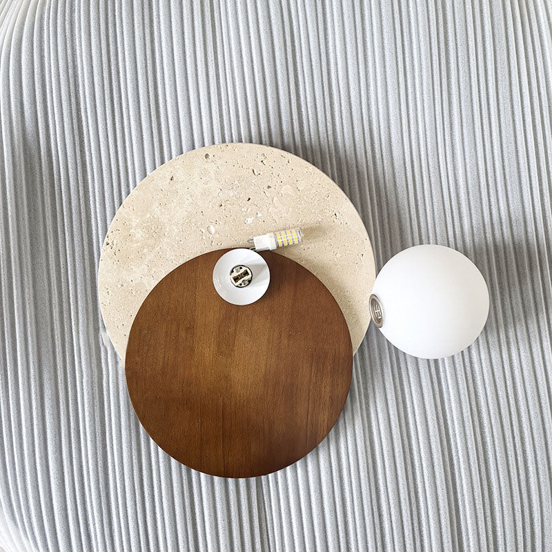 Traditional Japanese Travertine Glass Wood Round 1-Light Wall Sconce Lamp For Living Room