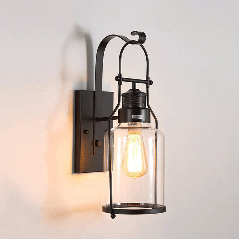 Traditional Rustic Iron Glass Cylinder 1-Light Wall Sconce Lamp For Hallway