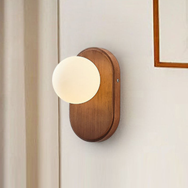 Traditional Japanese Wood Glass Round 1-Light Wall Sconce Lamp For Bedroom