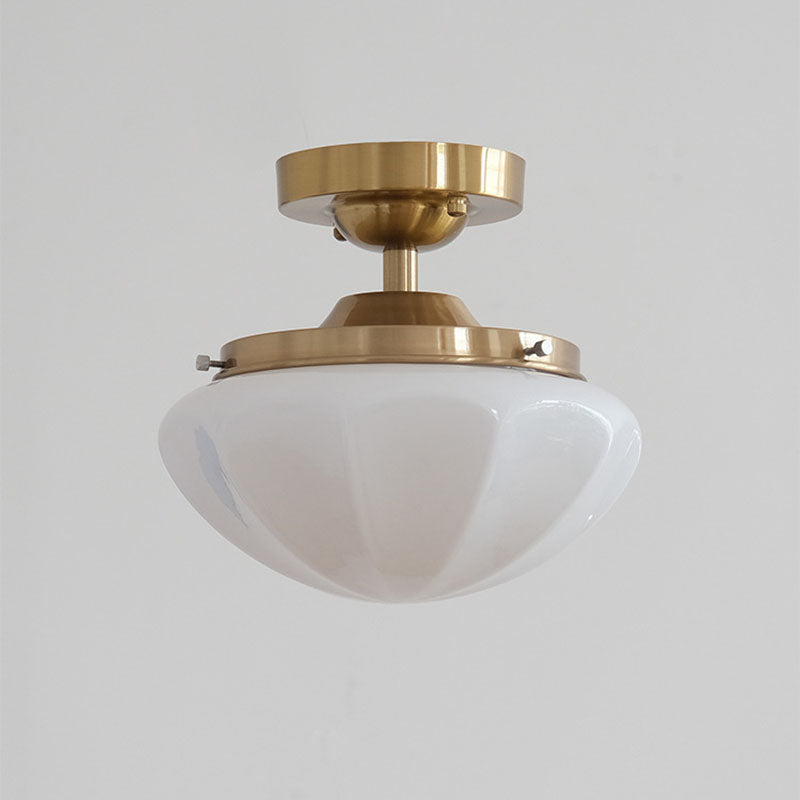 Traditional Vintage Iron Glass Cream Round 1-Light Semi-Flush Mount Ceiling Light For Hallway