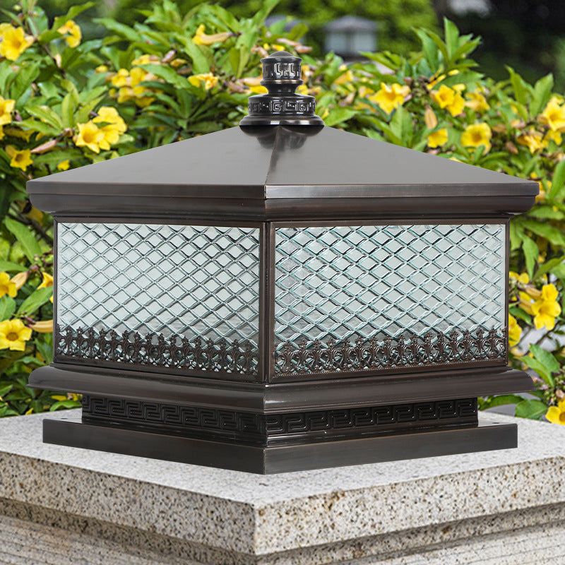 Traditional Chinese Waterproof Copper Glass Square LED 1-Light Landscape Lighting Outdoor Light For Garden