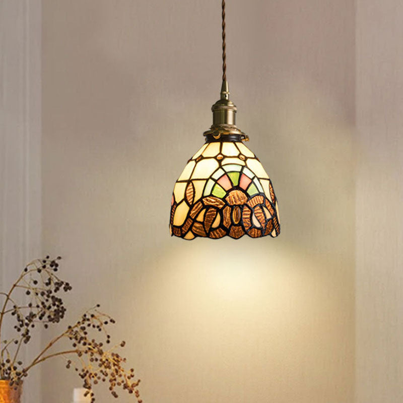 Traditional Tiffany Copper Glass Round 1-Light Pendant Light For Bedroom