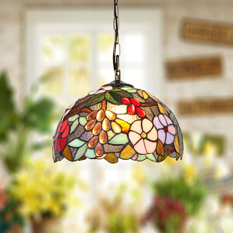 Traditional Tiffany Iron Glass Decorative Round 1-Light Pendant Light For Dining Room