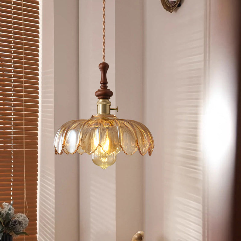 Traditional French Ash Wood Metal Glass Flower 1-Light Pendant Light For Bedroom