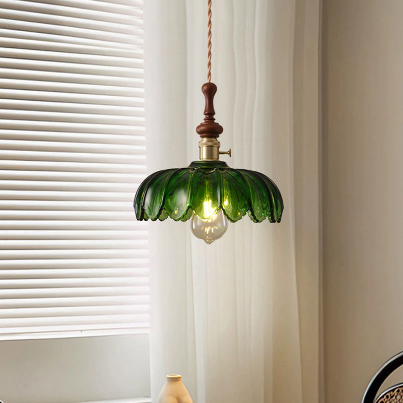 Traditional French Ash Wood Metal Glass Flower 1-Light Pendant Light For Bedroom
