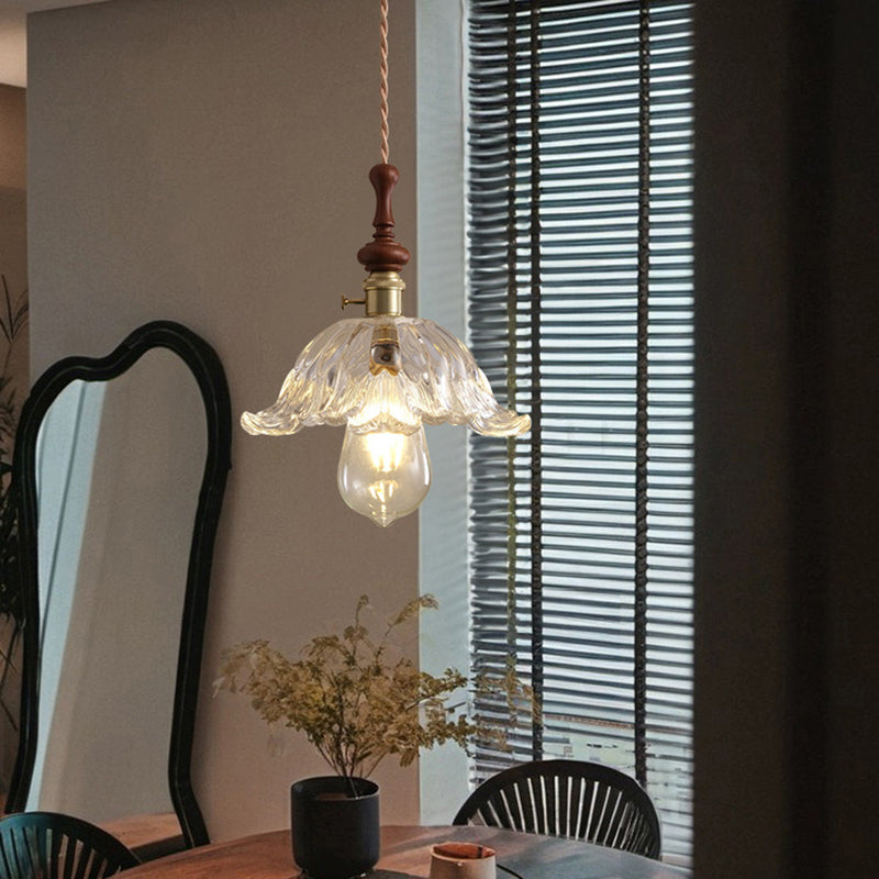 Traditional French Ash Wood Metal Glass Flower 1-Light Pendant Light For Bedroom