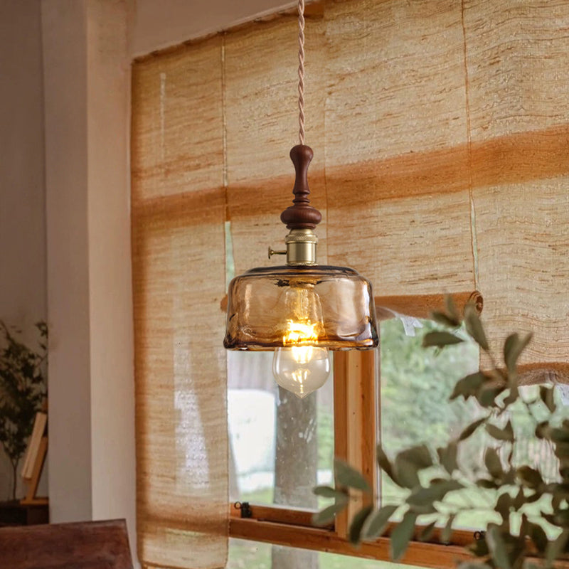 Traditional French Ash Wood Metal Glass Flower 1-Light Pendant Light For Bedroom