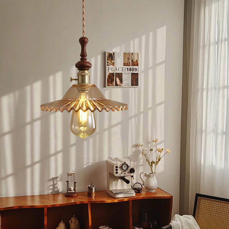 Traditional French Ash Wood Metal Glass Flower 1-Light Pendant Light For Bedroom