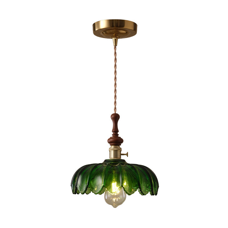 Traditional French Ash Wood Metal Glass Flower 1-Light Pendant Light For Bedroom