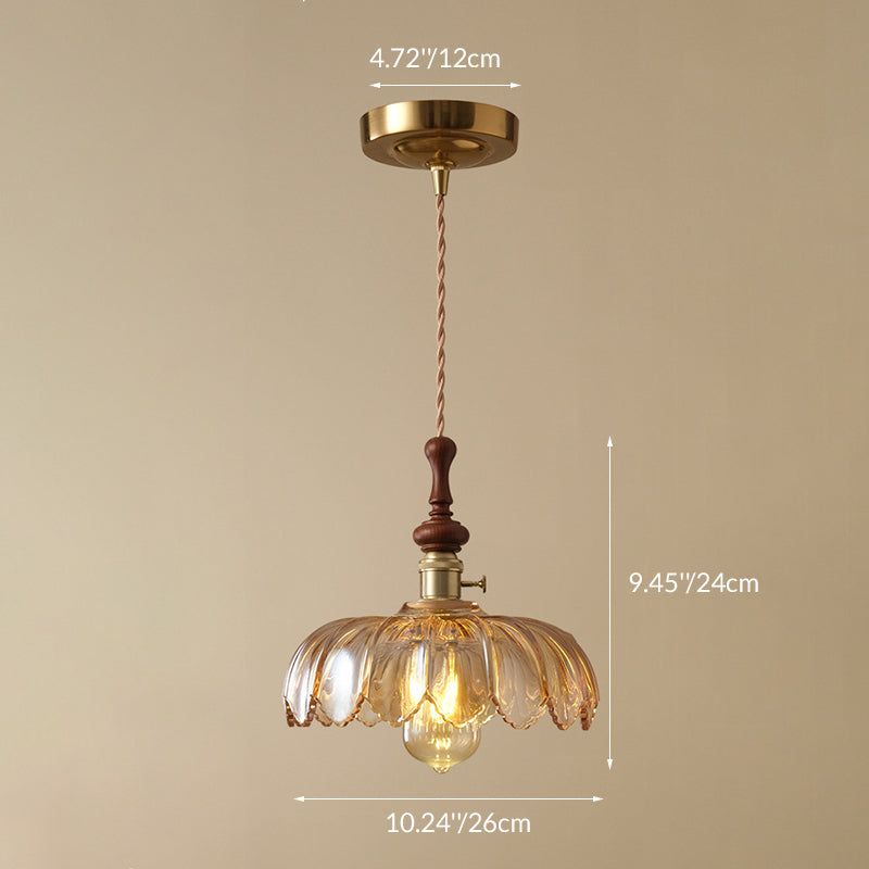 Traditional French Ash Wood Metal Glass Flower 1-Light Pendant Light For Bedroom
