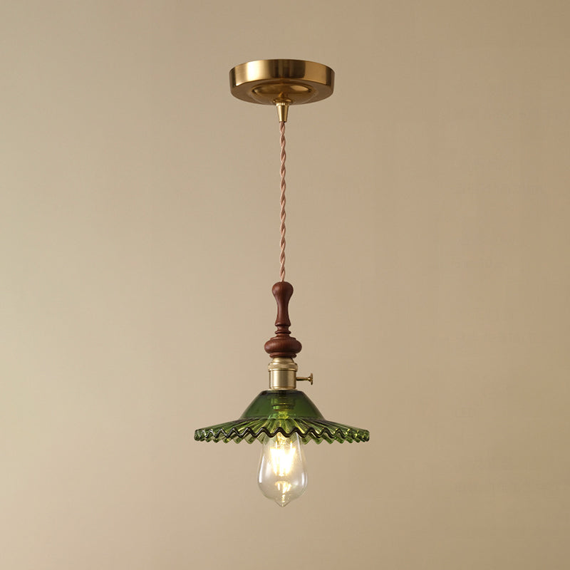 Traditional French Ash Wood Metal Glass Flower 1-Light Pendant Light For Bedroom