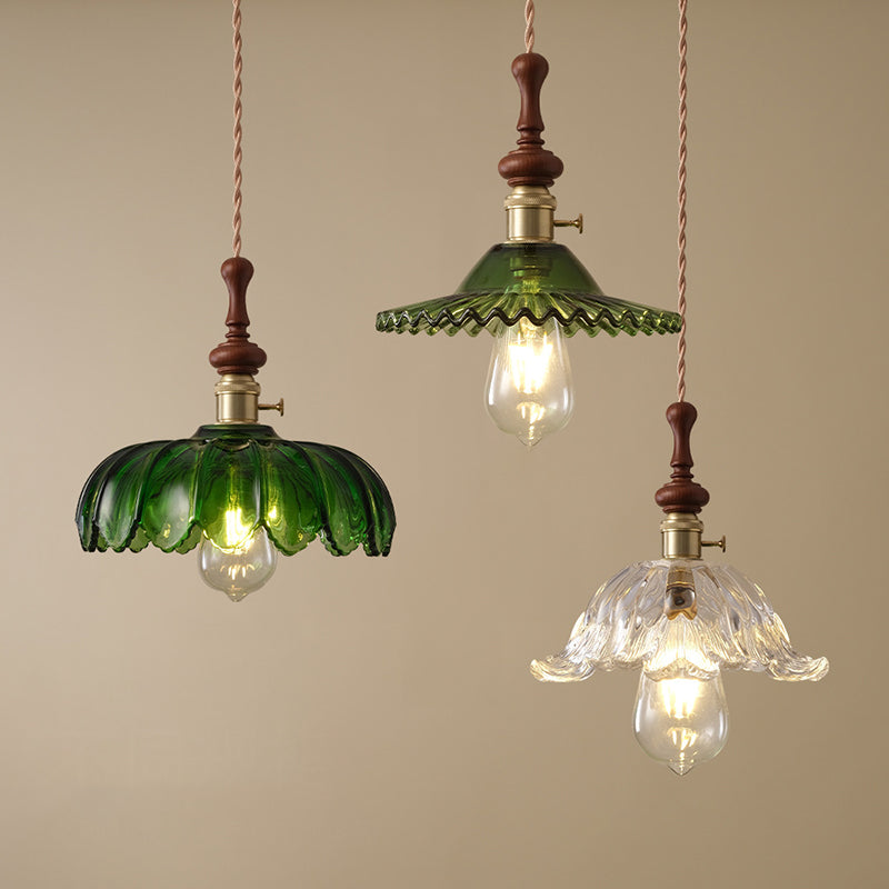 Traditional French Ash Wood Metal Glass Flower 1-Light Pendant Light For Bedroom
