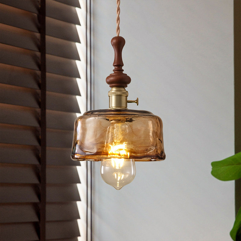 Traditional French Ash Wood Metal Glass Flower 1-Light Pendant Light For Bedroom