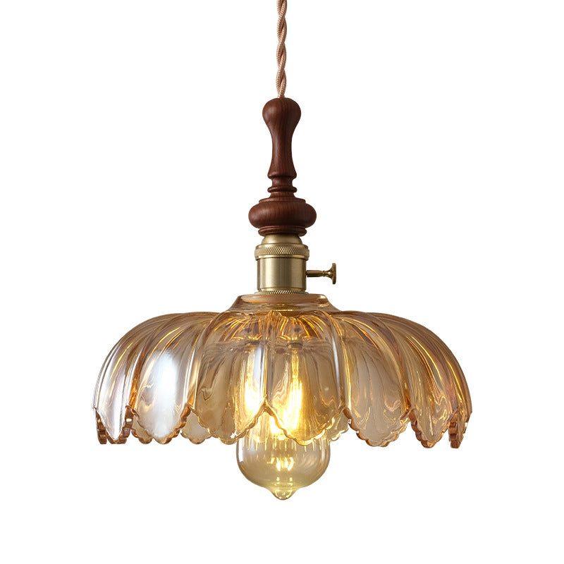 Traditional French Ash Wood Metal Glass Flower 1-Light Pendant Light For Bedroom