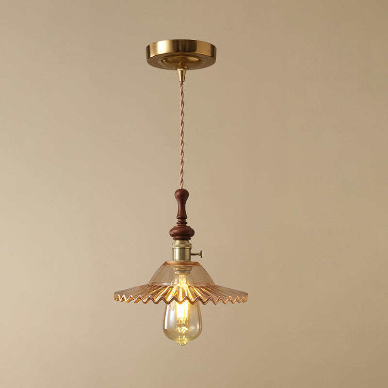 Traditional French Ash Wood Metal Glass Flower 1-Light Pendant Light For Bedroom