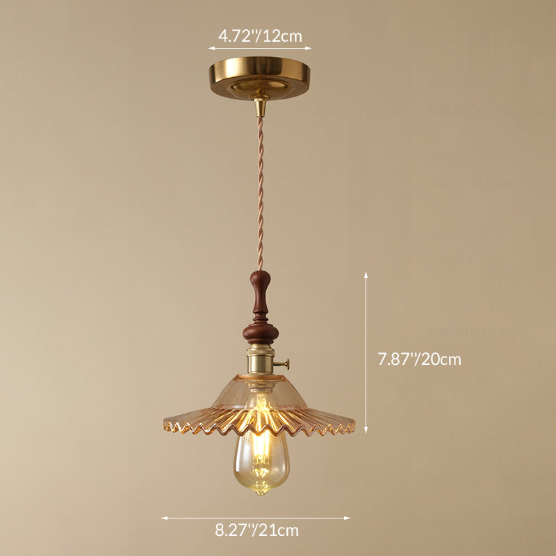 Traditional French Ash Wood Metal Glass Flower 1-Light Pendant Light For Bedroom