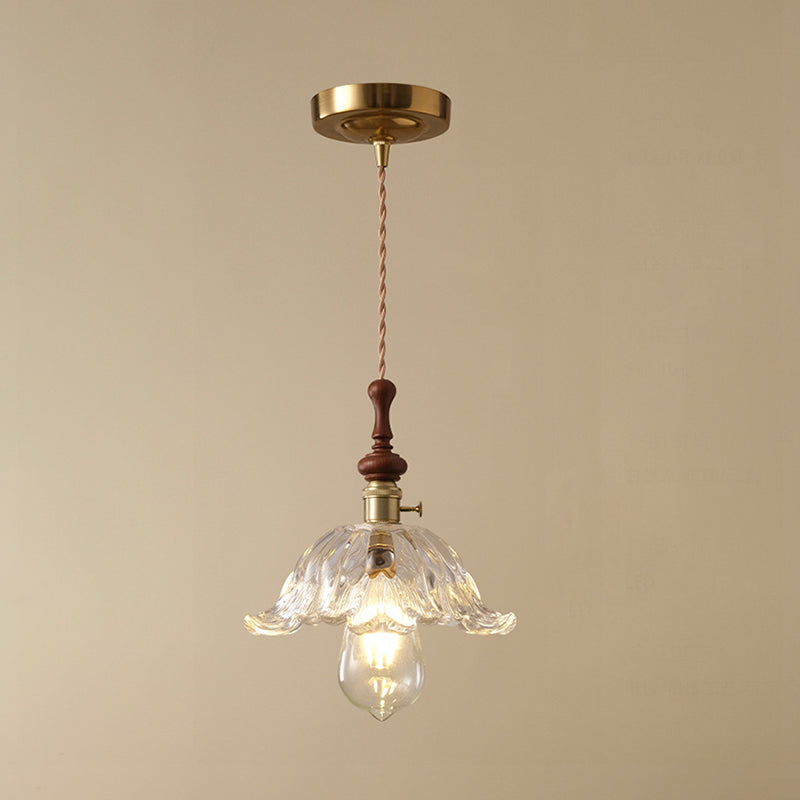 Traditional French Ash Wood Metal Glass Flower 1-Light Pendant Light For Bedroom
