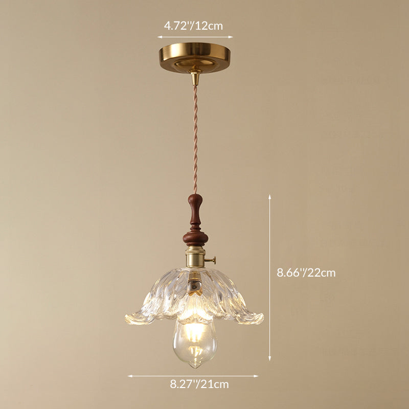 Traditional French Ash Wood Metal Glass Flower 1-Light Pendant Light For Bedroom