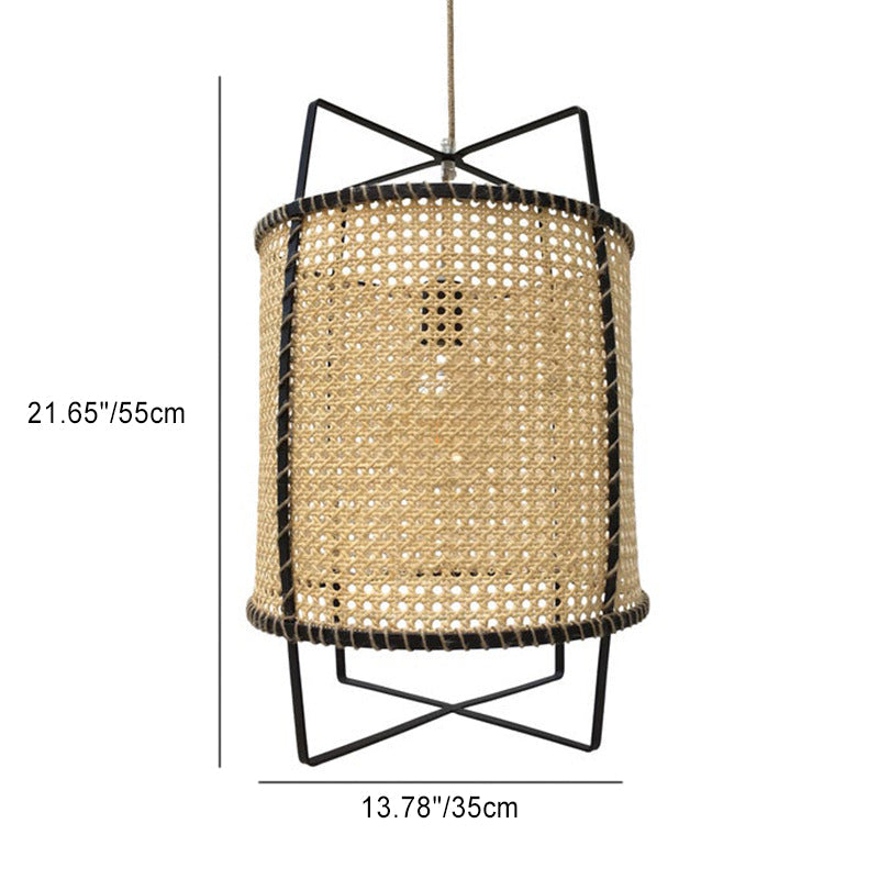 Traditional Japanese Round Right Angle Rattan 1-Light Pendant Light For Living Room