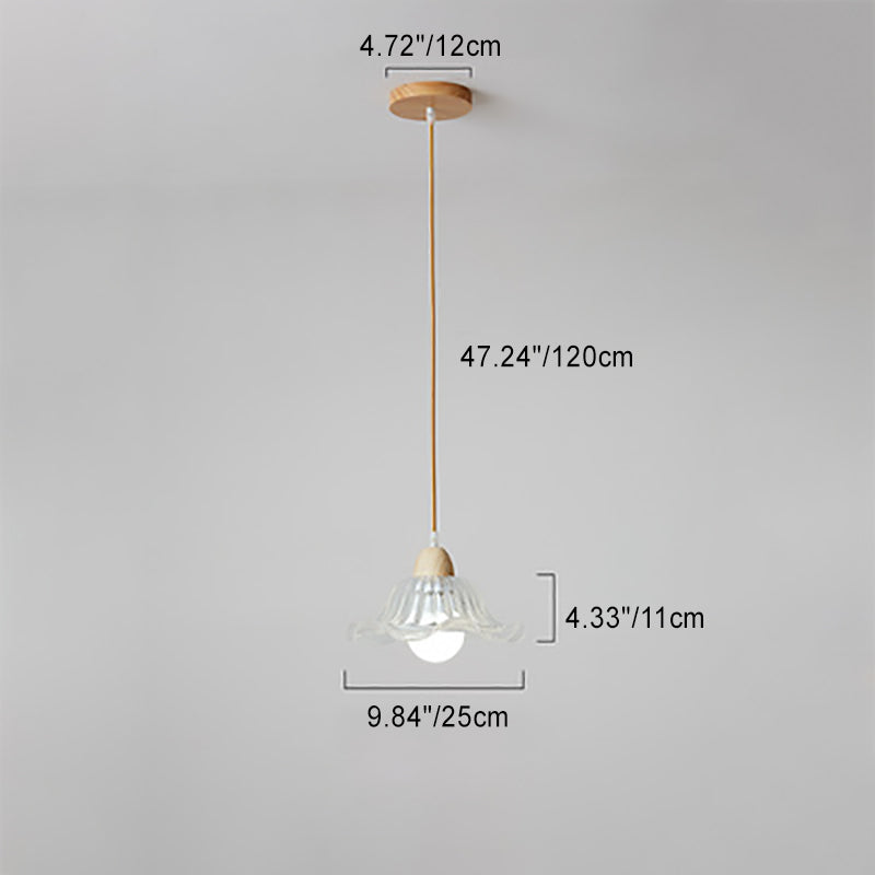 Modern Minimalist Round Flower Glass Solid Wood 1-Light Pendant Light For Bedroom